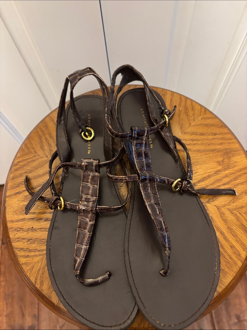 Charlotte Russe Brown Croc-Embossed T-Strap Sandals with Gold Accents